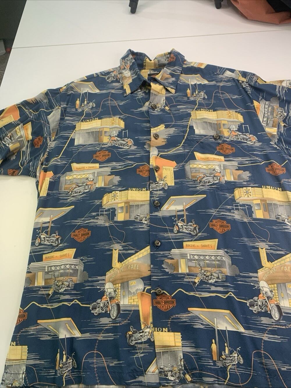 Vintage Harley Davidson Shirt Mens Medium Blue Hawaiian Aloha Tori Richard 90s